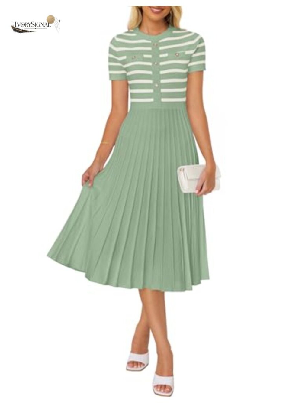 Striped Crewneck Short Sleeve Midi Dress Flowy Pleated A-Line